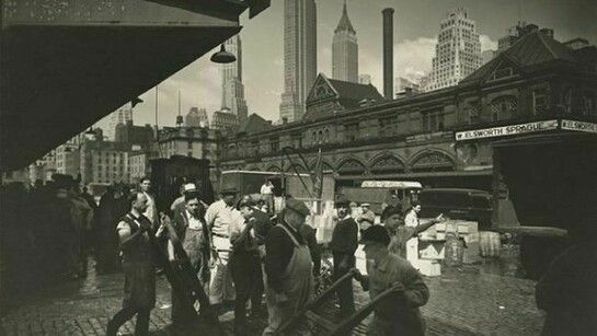 Berenice Abbott, Fulton Street Fish Market, 1936, Gelatin silver print; printed c.1936, 8 X 9 7/8 inches, Photographer's Federal Art Project "Changing New York" stamp on print verso. Courtesy Howard Greenberg Gallery, New York