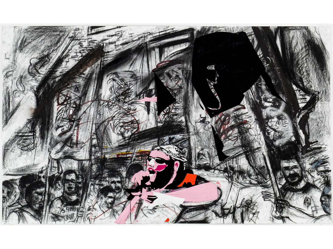 Erik van Lieshout, Untitled, 2014, Charcoal, acrylic, spray paint, ink and vinyl on paper, 59 1/16 x 98 7/16 inches (150 x 250 cm) © Erik van Lieshout. Courtesy Anton Kern Gallery, New York