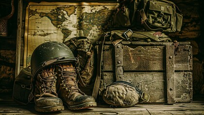 Worn helmet and boots laid aside before a world map, evoking the close of distant campaigns and the U.S.’s inward turn after decades of overextended reach
