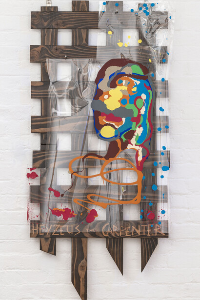 Kevin Mack, A Study in Faith (Heyzeus the Carpenter), 2013, Pine, stain, acetate, acrylic, 54” x 26” x .75” 