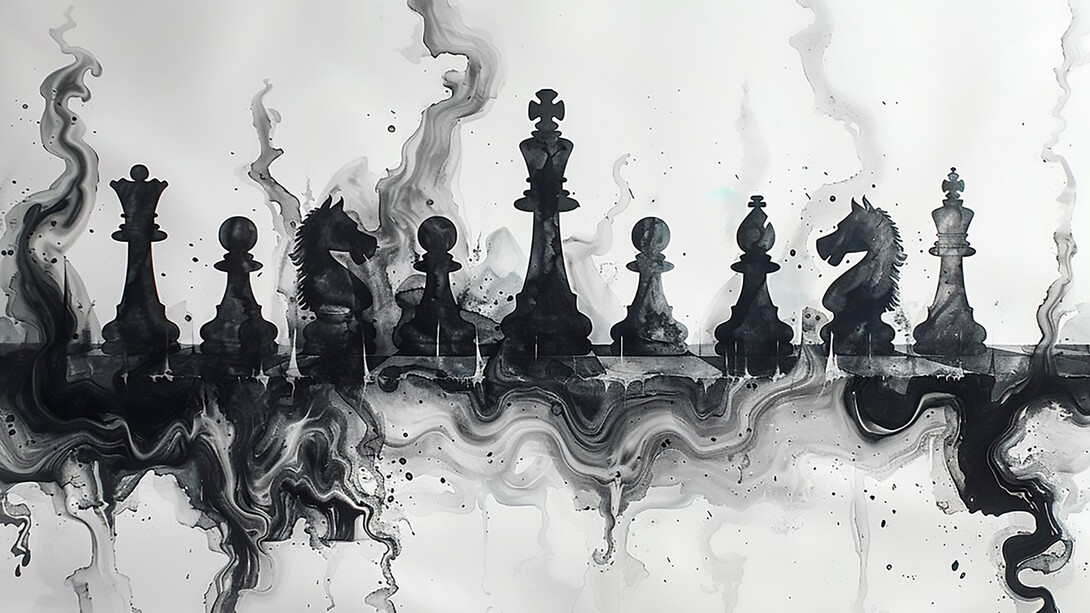 Abstract digital art of chess pieces in a modern artistic style