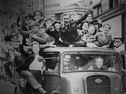 Jubilant citizens celebrating V-Day in Europe in 1945
