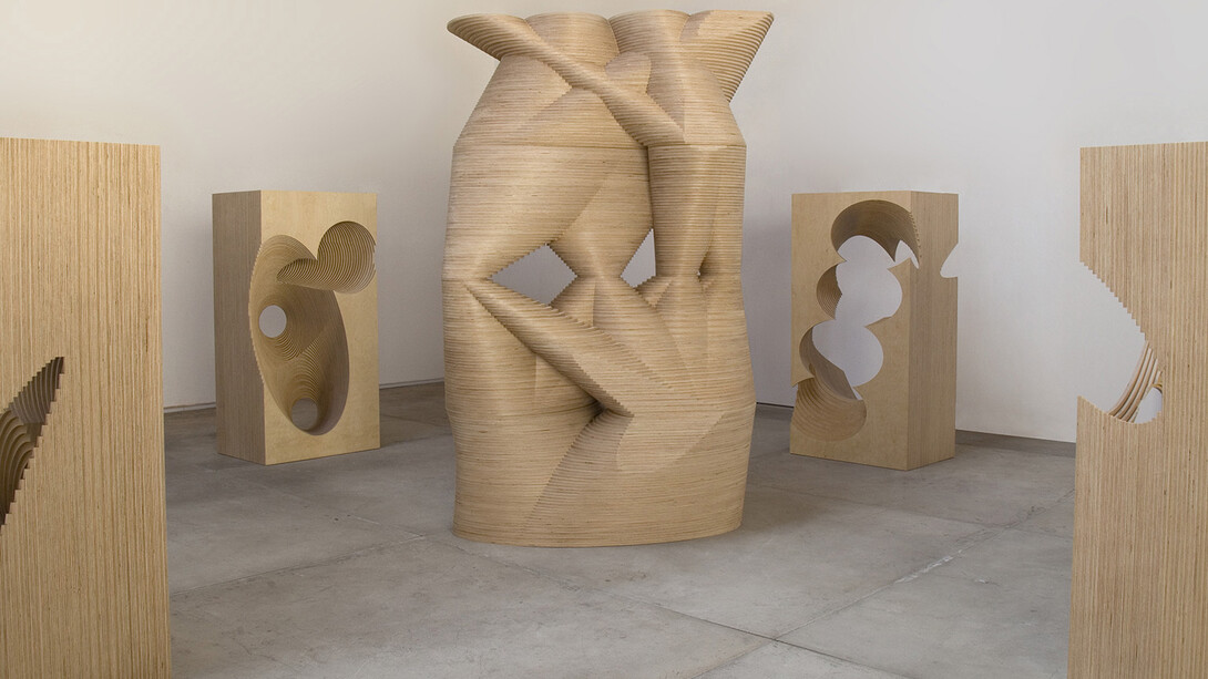 Nigel Hall - Here and Now, There and Then (floor mounted), 2016. Birch plywood, centre column 212cm high, blocks 146.5 cm high
