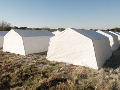 Michele Mathison, Refuge, 2014, Steel and woven plastic, 20 x 20 x 2m, Copyright Michele Mathison, Courtesy Tyburn Gallery