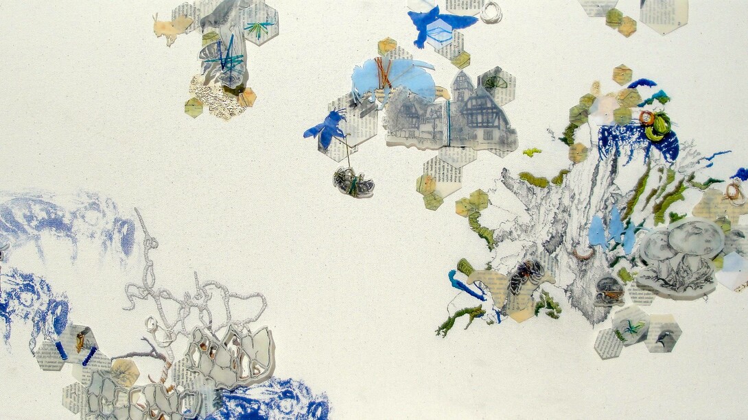 Stephanie Graham, We Used To Live Here (Blue), Collage & Mixed Media on Canvas, 18" x 36"