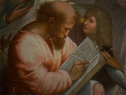 Detail of Pythagoras with a tablet of ratios, numbers sacred to the Pythagoreans, from The School of Athens by Raphael. Vatican Palace, Rome, 1509