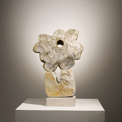 Nadia Yaron, Tiger Lily. Cream alabaster, limestone, and grey and yellow soapstone, 16 x 6 x 6 inches. Courtesy of Maybaum Gallery