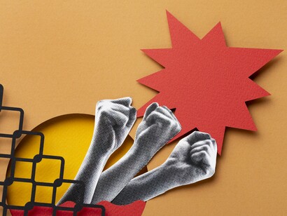 Clenched fists breaking through barriers, reflecting the energy of rebellion and the need for unwavering resistance in the face of political control