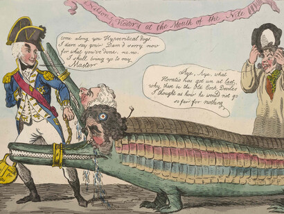 Isaac Cruikshank (1764 - 1811), The Gallant Nelson Bringing Home Two Uncommon Fierce French Crocodiles, 1798, London, Hand-coloured etching on paper, H 26.1 x W 37.8 cm © The Trustees of the British Museum