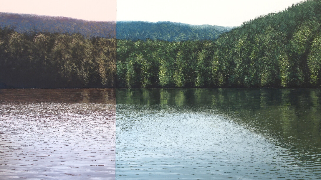 "Grand lac avec modulation rouge," Benoît Trimborn, Oil on canvas, 59" x 94½" (150 x 240cm) 