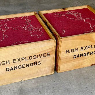 John Salvest, Strike Anywhere, 2022, wood, red and white-tipped matches, 10x30x15 inches.Courtesy of David Lusk Gallery 