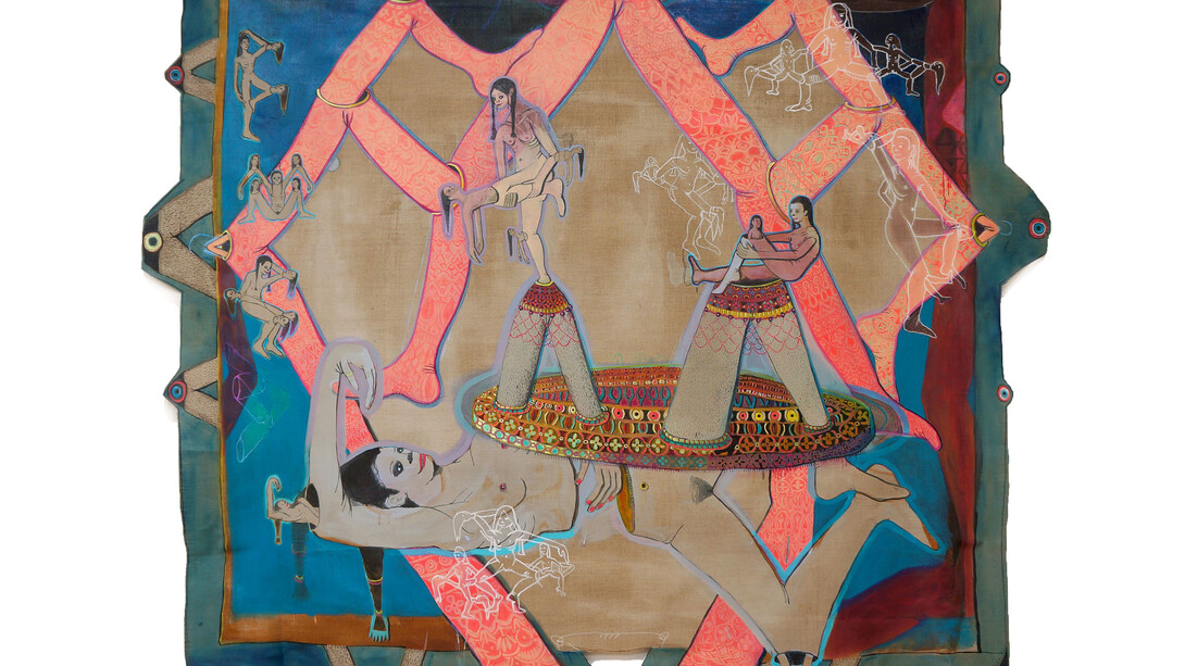 Marlene Steyn, Knee and elbow birthday, 2014, Ink and oil on linen, 212 x 234 cm