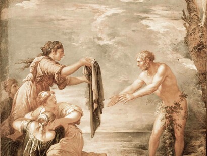 Odysseus when he arrives at shore and is greeted by Nausicaa as mentioned in Homer's 
The Odyssey