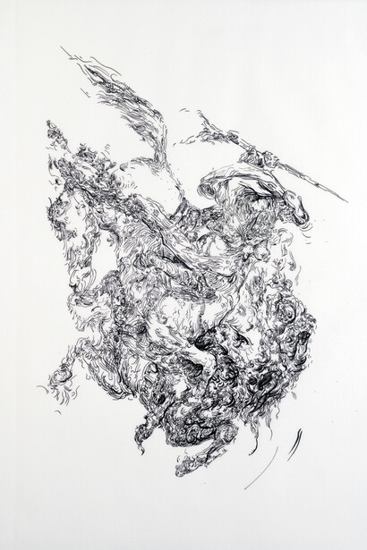 Glenn Brown, Drawing 50 (after Delacroix), 2014, Indian ink on Pergamenata White 160 paper, 50 x 35 cm, Courtesy de l’artiste et de la Galerie Max Hetzler, Berlin | Paris

