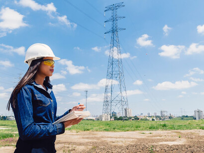 A woman in a safety helmet diligently records observations near a high-voltage power line, emphasizing energy efficiency solutions during the current energy crisis