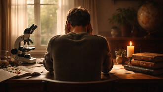 A person sits in quiet contemplation, caught between the worlds of science and spirituality