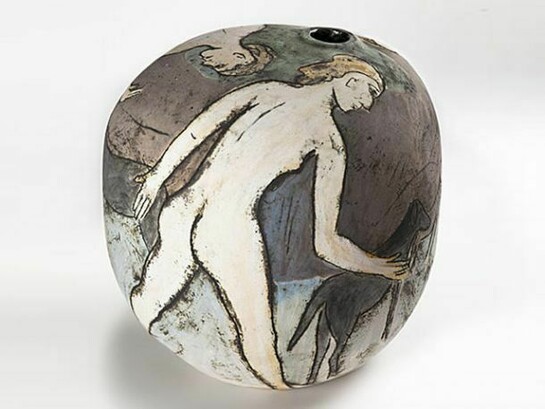 Nancy Baldwin and Gordon Baldwin, Sea Bathers and Dog, white clay, pigment, glaze