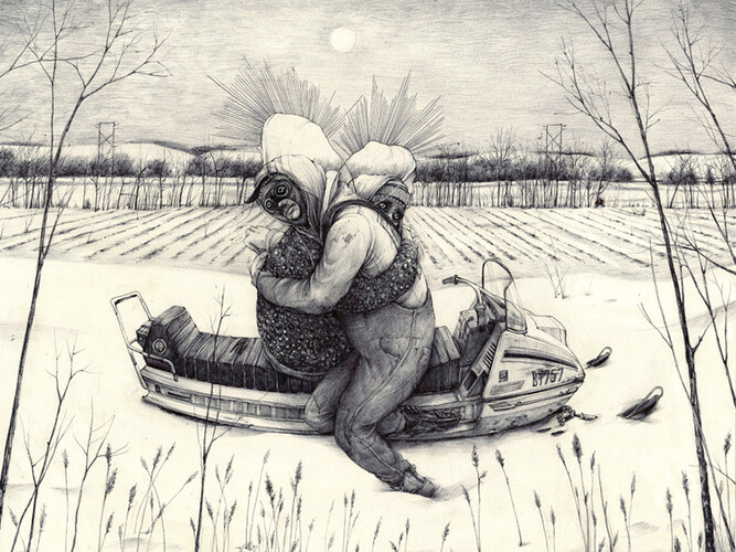 Pat Perry, Snowmobile, 2014 inchiostro su carta. Courtesy of Dorothy Circus Gallery 