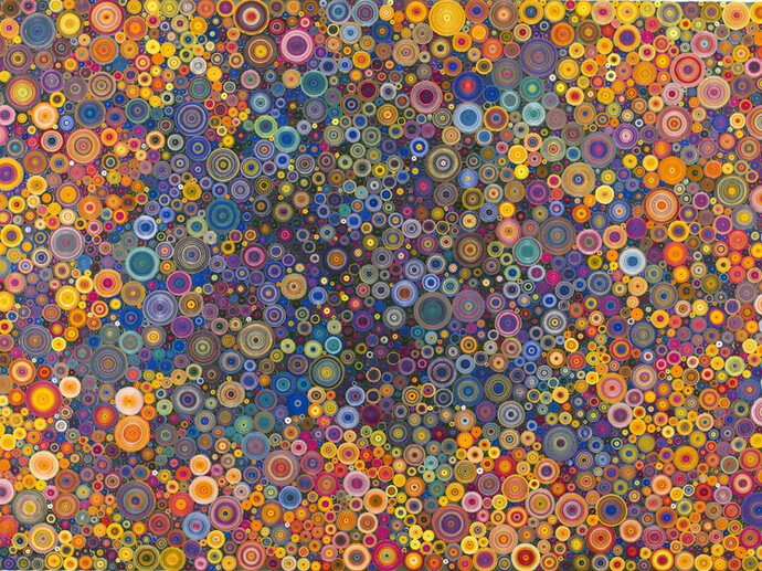 Hadieh Shafie, 9 Colors, 2015, Ink, acrylic and paper with printed and handwritten Farsi text Eshgh ("Love/Passion"), 40 x 60 in / 101.6 x 152.4 cm