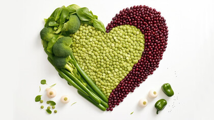 Lentils and green beans forming a heart on a white background healthy food concept 