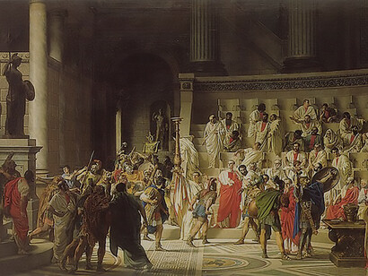 The Last Senate of Julius Caesar by Raffaele Giannetti, Julius Caesar was assassinated by about 40 Roman senators on the "ides of March" (March 15) 44 B.C.E. Caesar's death resulted in a long series of civil wars that ended in the death of the Roman Republic and the birth of the Roman Empire