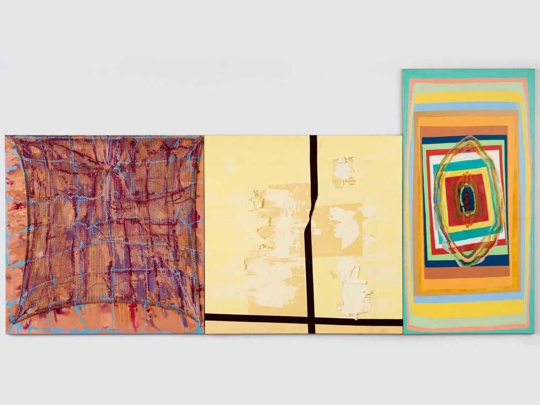 Rochelle Feinstein, Sucked, Tucked and Fucked , 1996, 
Mixed media on linen, 72 by 144 in.
