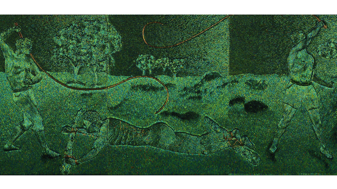 Jan Fabre, The Belgian Blacks Know the Clack of the Whip, 2013, Elytres de coléoptères sur bois / beetle elytra on wooden panel, 227,5 x 519 cm, 89 5/8 x 204 in. unique, Courtesy Galerie Daniel Templon, Paris. © Angelos bvba