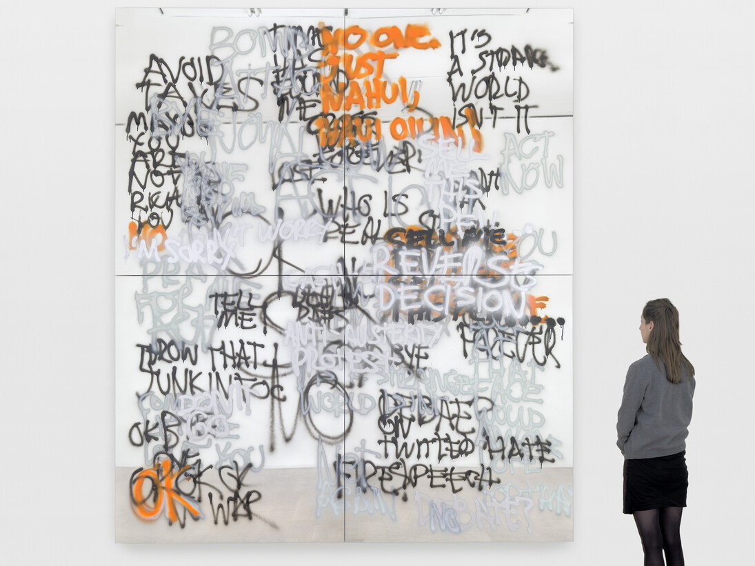 Stefan Brüggemann Headlines and Last Lines in the Movies 2016 4 mirror panels, with spray paint 320 x 274 x 5.7 cm / 126 x 107 7/8 x 2 1/4 in  160 x 137 x 5.7 cm / 63 x 53 7/8 x 2 1/4 in each  Photo: Alex Delfanne. © Stefan Bruüggemann Courtesy the artist and Hauser & Wirth 