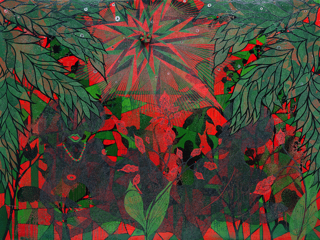 Chris Ofili, Afronirvana, 2002. Oil, acrylic, polyester resin, aluminum foil, glitter, map pins, and elephant dung on canvas,108 x 144 in (274.3 x 365.7 cm). Courtesy the artist, David Zwirner, New York/London, and Victoria Miro, London. ©Chris Ofili