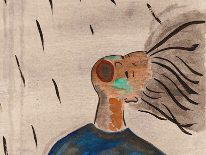 Ilustración de una víctima de los bombardeos, con el rostro marcado por lesiones y quemaduras