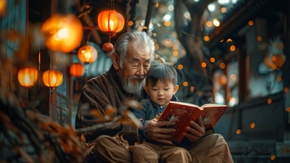A grandfather reading a story to his grandkid, signifying how important it is to pass down traditions and stories through generations