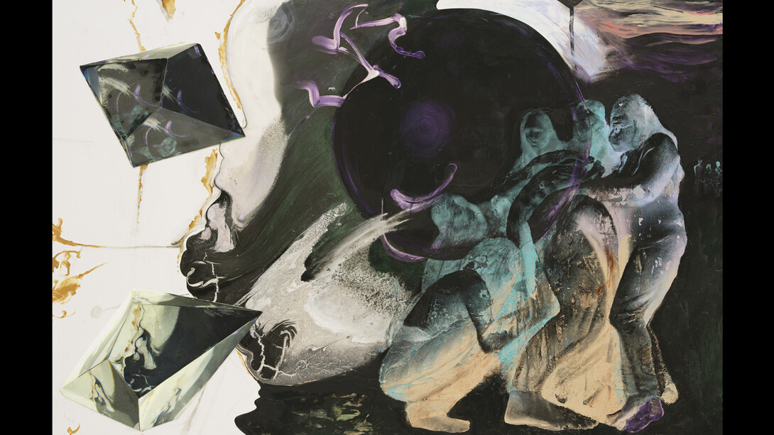 Ardomancy, 2022-23, acrylic paint and generatively produced image reverse-transferred into acrylic polymer on wood and aluminum composite. Courtesy of the artist and Petzel Gallery