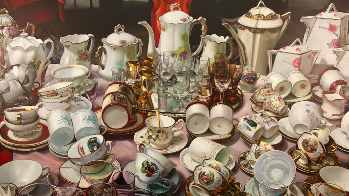 Caption of the porcelain painting is: Margaret Morrison "Keramikos", 2017, Oil on canvas, 72 x 96 inches; 182.9 x 243.8 cm; Courtesy of Woodward Gallery, NYC