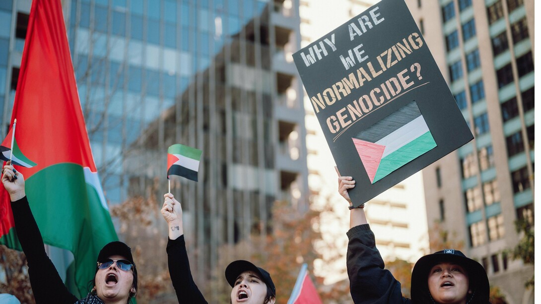 Des gens avec des drapeaux et des banderoles lors d'une manifestation contre la guerre, photo prise par Alfo Medeiros