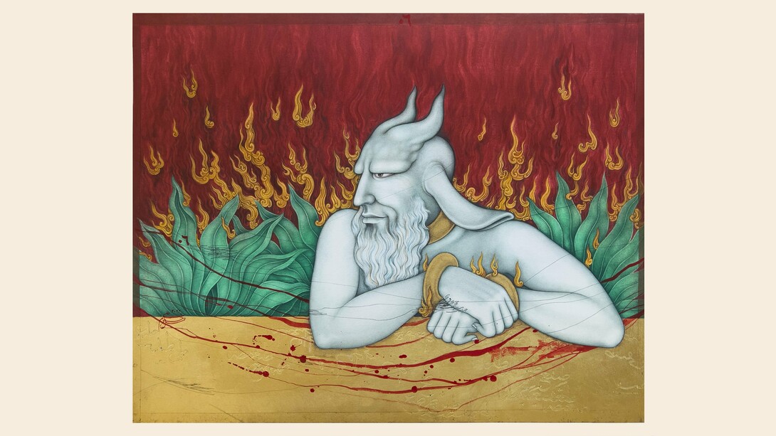 Khadim Ali, Birth of Demons 3, 2024, Gouache and gold leaf on handmade paper, 22 x 28 in (55 x 71 cm). Image courtesy of the Artist and Aicon, New York