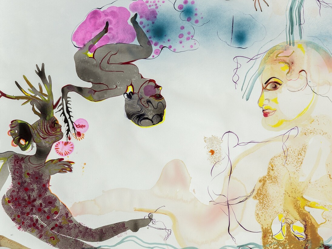 Rina Banerjee, Human Traffic (detail), 2015, Ink, acrylic and collage on watercolors paper Arches 228,6 x 91,44 cm, Courtesy of the artist and Galerie Nathalie Obadia, Paris/Bruxelles