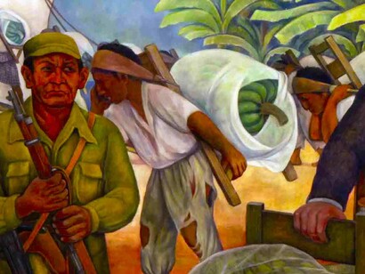 Detalle de «La gloriosa victoria» (Diego Rivera), cuadro que refleja el golpe de 1954 en Guatemala: los indígenas trabajan como esclavos, cargando los barcos de la United Fruit Company con bananos
