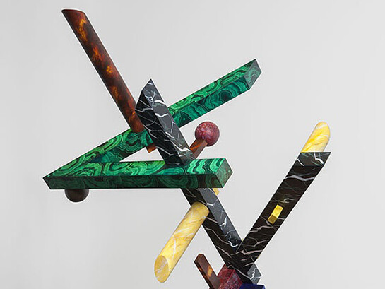 Coco Crampton, Bower, 2016, wood, mdf, glazed ceramic, copper, oil paint, 189 x 70 x 45 cm. Courtesy of Belmacz Gallery 