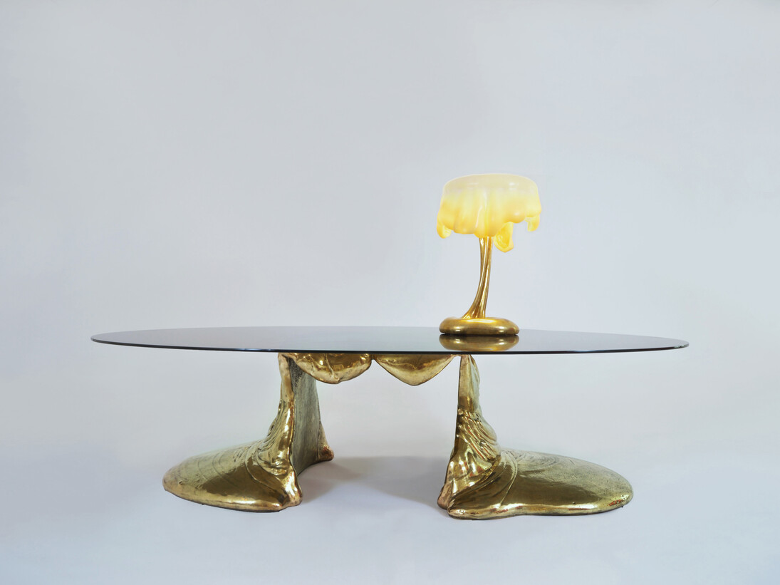 César, Expansion Table, 1977, Bronze, Base: 28.35 H x 90.55 x 35.43 inches, 72 H x 230 x 90 cm, Glass: 110.25 x 69.5 inches, 280 x 177 cm, Valsuani Fonderie, Edition of 8 + 4AP AP, 3/4 Signed "César" and numbered with stamp of foundry. Image courtesy of Demisch Danant. Copyright: © 2014 Artists Rights Society (ARS), New York / ADAGP, Paris.