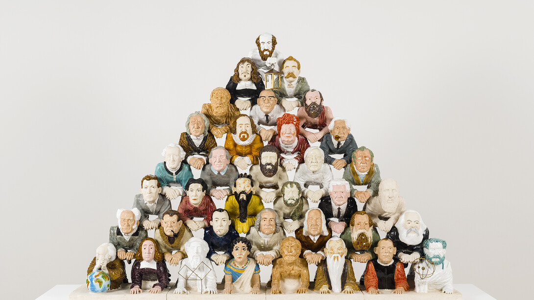 Philosophers forming a human pyramid	, 2014, Glazed ceramic, bronze, copper 120 x 160 x 40 cm
