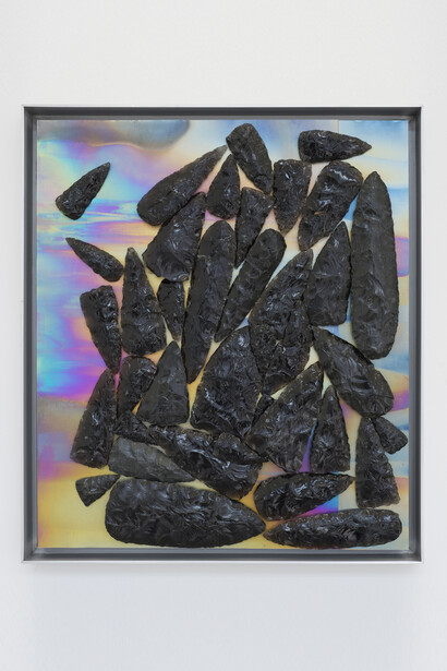 Mark Hagen, Love Letter to the Lygias (P.), 2014, obsidian on titanium sheet anodized with Coke Zero and aluminum frame, 18 x 16 x 3 in. / 45.7 x 40.6 x 7 cm © Mark Hagen, Courtesy Marlborough Chelsea