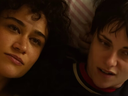 Love Lies Bleeding movie, Kristen Stewart as Lou and Katy M. O'Brian as Jackie