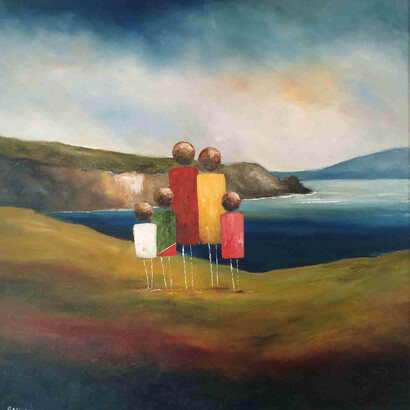 Padraig McCaul, Family on the Atlantic Way, Achill, Oil on Canvas, 80 cm x 80 cm