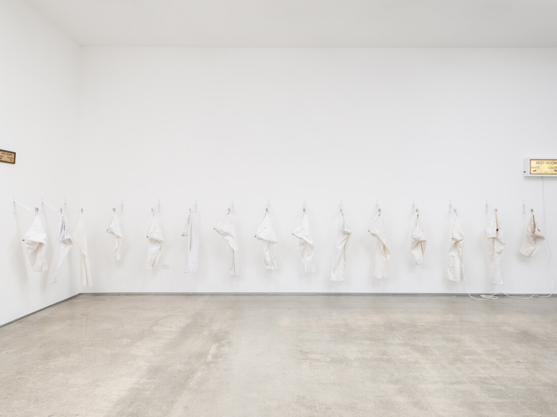 Kendell Carter, Cranes for Solange, 2017, Shelving brackets, denim jeans, locks, lightbox, found ephemera. Courtesy of Edward Cella Art & Architecture 