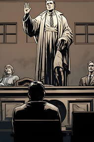 An illustrated courtroom scene captures the essence of justice, jury deliberation, and the tension of a courtroom drama