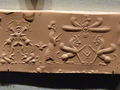 Cylinder seal depicting the Achaemenid king, a supernatural creature, ibexes, and sphinxes