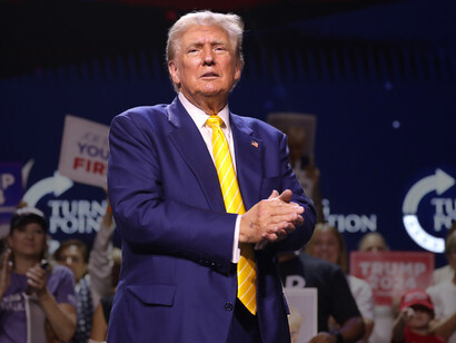 Former President of the United States Donald Trump speaking with attendees at a "Chase the Vote" rally at Dream City Church in Phoenix, Arizona, USA