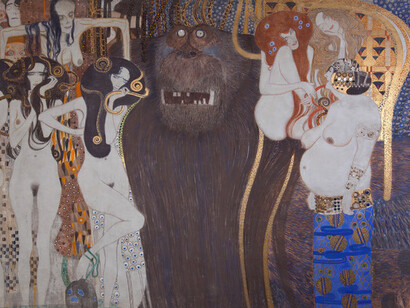 „Beethovenfries“ - Ausschnitt, 1901, Gustav Klimt, mittlere Wand, „Die feindlichen Gewalten“, Secession Wien, Foto: Oliver Ottenschläger, Copyright: Secession Wien