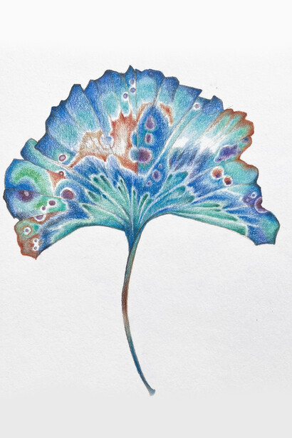 Sarah Walker, Leaf Litter: Book II, Leaf 14, 2023, colored pencil on paper, 6 1/2x7 inches. Courtesy McKenzie Fine Art, New York