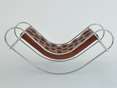 Jean-Michel Sanejouand, Symetrique Rocking Chair and Ottoman, 1971, Chrome plated steel, leather upholstery, 29.5 x 37.4 x 62.01inches, 75 x 95 x 157.5cm, For Atelier A, Image courtesy of Demisch Danant. 